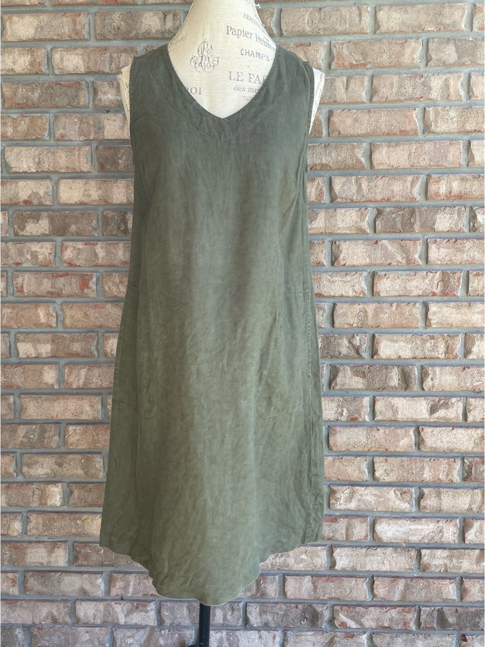 J.Jill Olive Green V-Neck Sleeveless Linen Dress.